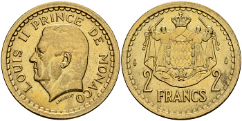 Монако 2 франка 1945 Луи II (1922-1949) KM 121а алюминиевая бронза    4599-425