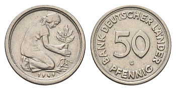 ФРГ 50 пфеннигов 1949 G KM 104, J. 379 медно-никель 4630-534