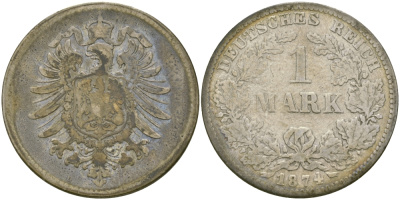 Германия 1 марка 1874 G Weege 17, J. 9, KM 7 серебро 98-1241