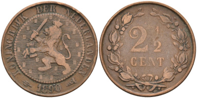 Нидерланды 2 1/2 цента 1890 Виллем III (1849-1890) KM 108 бронза 4575-924