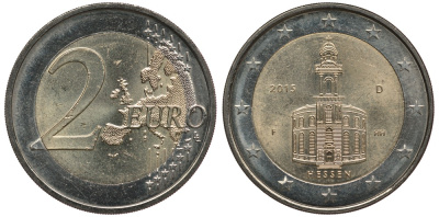 ФРГ 2 ЕВРО 2015 F, ГЕССЕН, ЦЕРКОВЬ СВЯТОГО ПАВЛА ВО ФРАНКФУРТЕ-НА-МАЙНЕ, СЕРИЯ ФЕДЕРАЛЬНЫЕ ЗЕМЛИ ГЕРМАНИИ KM NEW биметалл 4380-436