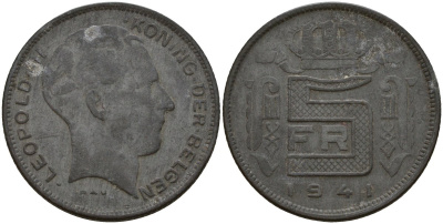 Бельгия 5 франков 1941 DES BELGEN, Леопольд III (1934-1947) KM 129 цинк 4161-924