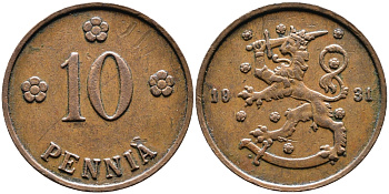 Финляндия 10 пенни 1931 республика (1918-1962) KM 24 медь 4388-855