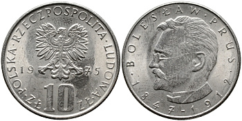 Польша 10 злотых 1975 MW, Болеслав Прус KM 73, Parchimowicz 242a медно-никель UNC 441-831