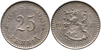 ФИНЛЯНДИЯ 25 ПЕННИ 1937 S KM 25 медно-никель 4387-463