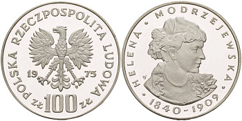 Польша 100 злотых 1975 MW, Хелена Моджеевская (1840-1909) KM 78, Parchimowicz 272 серебро PROOF 1087-7-63