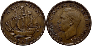 Великобритания 1/2 пенни 1948 Георг VI (1936-1952) KM 844, Spink 4115 бронза 23-1411