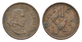 ЮАР 1 цент 1966 Ян ван Рибек (1619-1677), South Africa, легенда на английском, капские воробьи KM 65.1 бронза 4669-1222