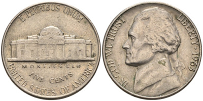 США 5 центов 1963 Джеферсон КМ А192 медно-никель 4573-141