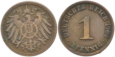 ГЕРМАНИЯ 1 ПФЕННИНГ 1909 А KM 10, J. 10 медь 201-931
