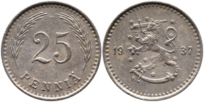 ФИНЛЯНДИЯ 25 ПЕННИ 1937 S KM 25 медно-никель 4387-463