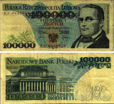 ПОЛЬША 100000 ЗЛОТЫХ 1990 1 ФЕВРАЛЯ 1990, СТАНИСЛАВ МОНЮШКО, ЗДАНИЕ ВАРШАВСКОГО ТЕАТРА Pick 154а бумага 8607-81-3-1