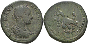 Римская Империя, Провинция Нижняя Мезия, Никополь-на-Истре АЕ 198 - 217 Каракалла, бюст императора / орел на алтаре между штандартами, 13,21 гр медь 1073-22-34