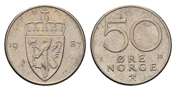 Норвегия 50 эре 1987 Улаф V (1957-1991) KM 418 медно-никель 3336-526