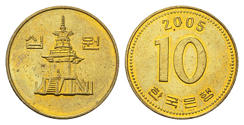 Южная Корея 10 вон 2005 KM 33 латунь UNC 4673-1246