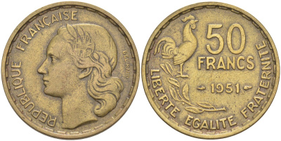 Франция 50 франков 1951 петух KM 918.1, Le Franc 425.5 алюминиевая бронза 4402-557