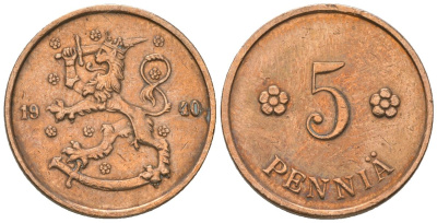 Финляндия 5 пенни 1940 KM 22 медь 4174-742