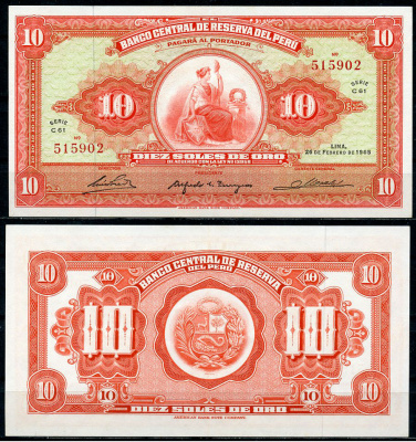 Перу 10 солей 1965 сидящая свобода, American Bank Note Company Pick 88  бумага  аUNC  3295-33-2-1