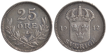 Швеция 25 эре 1912 W, Густав V (1907-1950) KM 785 серебро 4179-833