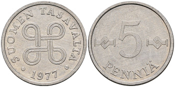 Финляндия 5 пенни 1977 KM 45а алюминий 4588-761