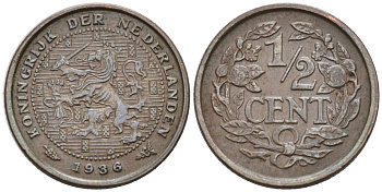Нидерланды 1/2 цента 1936 Вильгельмина (1890-1948) KM 138 бронза 4576-421