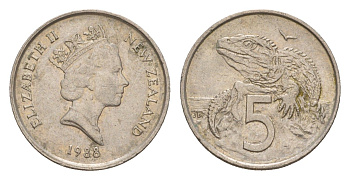 Новая Зеландия 5 центов 1988 Елизавета II (1952-2022), ящерица гаттерия KM 60 медно-никель 4594-412