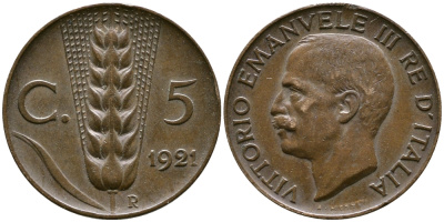 ИТАЛИЯ 5 ЧЕНТЕЗИМО 1921 R, КОЛОС KM 59 медь 87-1145