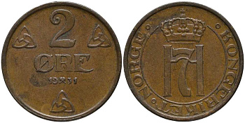 НОРВЕГИЯ 2 ЭРЕ 1931 ХОКОН VII (1905-1957) KM 371 бронза 202-625