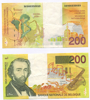 БЕЛЬГИЯ 200 ФРАНКОВ 1995 ПОДПИСЬ (5 И 15), БЕЛЬГИЙСКИЙ ИЗОБРЕТАТЕЛЬ МУЗЫКАЛЬНЫХ ИНСТРУМЕНТОВ АДОЛЬФ САКС (1814-1894) Pick 148 бумага 7457-52-1