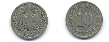 ГЕРМАНИЯ 10 ПФЕННИГОВ 1899 A KM 12, J. 13 медно-никель 58-215