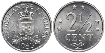 Нидерландские Антилы 2 1/2 цента 1983 Беатрикс (1980-2013) KM 9а алюминий UNC 4579-924