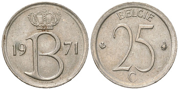 Бельгия 25 сантимов 1971 Belgie, Бодуэн I (1951-1993) KM 154.1 медно-никель UNC 261-1664