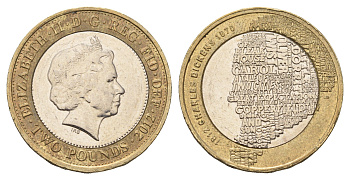 Великобритания 2 фунта 2012 Елизавета II (1952-2022), 200 лет со дня рождения Чарльза Диккенса KM 1224, Spink K29 биметалл 4111-1131