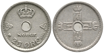 НОРВЕГИЯ 25 ЭРЕ 1924 ХОКОН VII (1905-1957) KM 384 медно-никель 100-1158