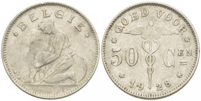 БЕЛЬГИЯ 50 САНТИМОВ 1928 BELGIE KM 88 никель 261-1166