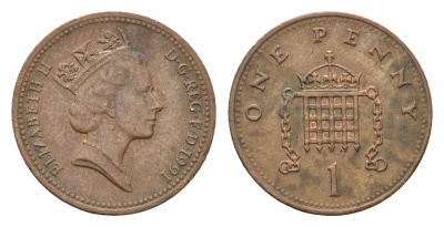 Великобритания 1 пенни 1991 Елизавета II (1952-2022) KM 935, Spink 4381 (B3) бронза 4696-762