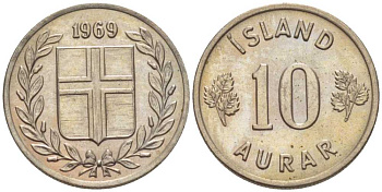 Исландия 10 эйре 1969 KM 10 медно-никель UNC 66-269