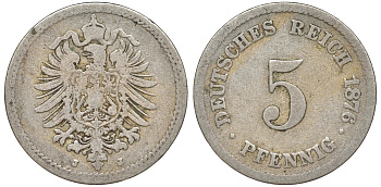 Германия 5 пфеннигов 1876 J, старогербовка KM 3, J. 3 медно-никель 51-3831