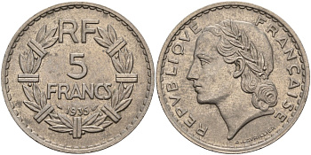 Франция 5 франков 1935 KM 888 никель 4144-416