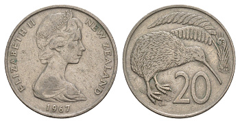 Новая Зеландия 20 центов 1967 Елизавета II (1952-2022), птичка киви KM 36.1 медно-никель 4653-221
