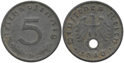 Германия 5 рейхспфеннигов 1940 G, монетный двор Карлсруэ KM 100, J. 370 цинк 186-713
