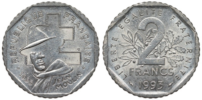 Франция 2 франка 1993 Жан Мулен, 50 лет Национальному движению сопротивления KM 1062, Le Franc 273.2 никель 4123-436