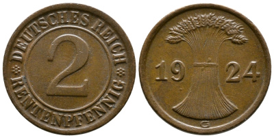ГЕРМАНИЯ 2 РЕНТЕНПФЕННИГА 1924 G KM 31, J.307 бронза 86-1433