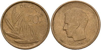 Бельгия 20 франков 1982 Belgique KM 159 никель бронза 4187-1127