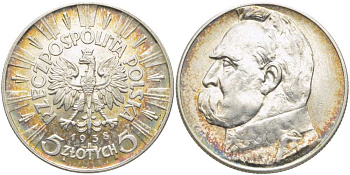 ПОЛЬША 5 ЗЛОТЫХ 1938 W, ЮЗЕФ ПИЛСУДСКИЙ KM 28 серебро 5010-1142