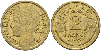 ФРАНЦИЯ 2 ФРАНКА 1939 ТИП MORLON KM 886, LE FRANC 268.12 алюминиевая бронза 3855-145