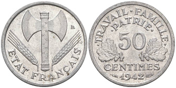 ФРАНЦИЯ 50 САНТИМОВ 1942 ТИП FRANCISQUE, LOURDE, ПРАВИТЕЛЬСТВО ВИШИ KM 914.1, LE FRANC 195.2 алюминий 44-337