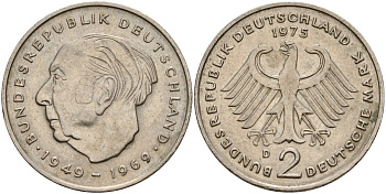 Германия 2 марка 1975 A, Теодор Хойс KM 127, J. 407 медно-никель 4179-1025