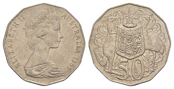 Австралия 50 центов 1969 Елизавета II (1952-2022), герб Австралии, кенгуру KM 68 медно-никель 4653-1115