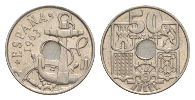 Испания 50 сентимо 1963 (65) Франсиско Франко (1939-1975) KM 777 медно-никель aUNC 4623-651